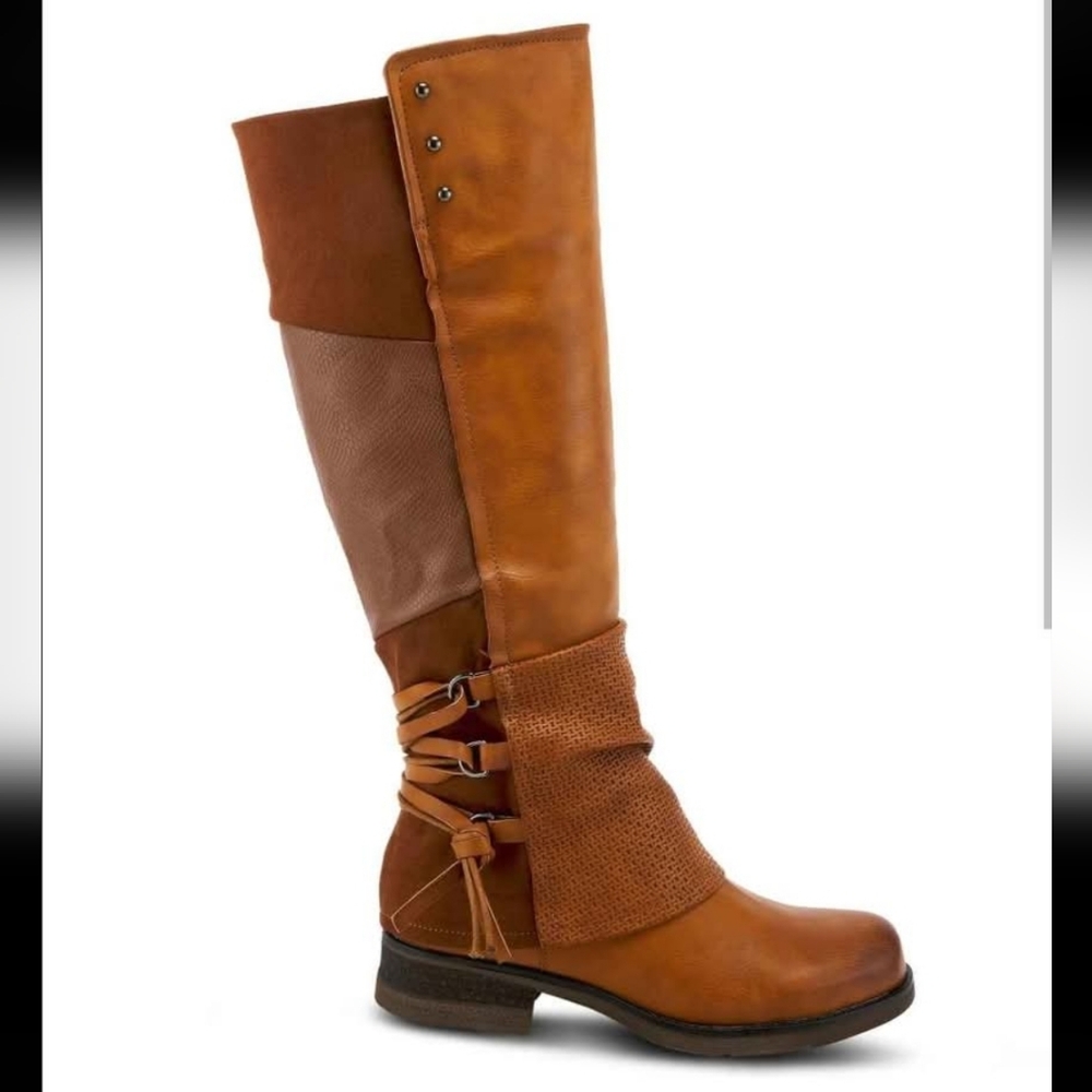 Spring Step Mixed-Texture Knee High Boots in Cognac Brown